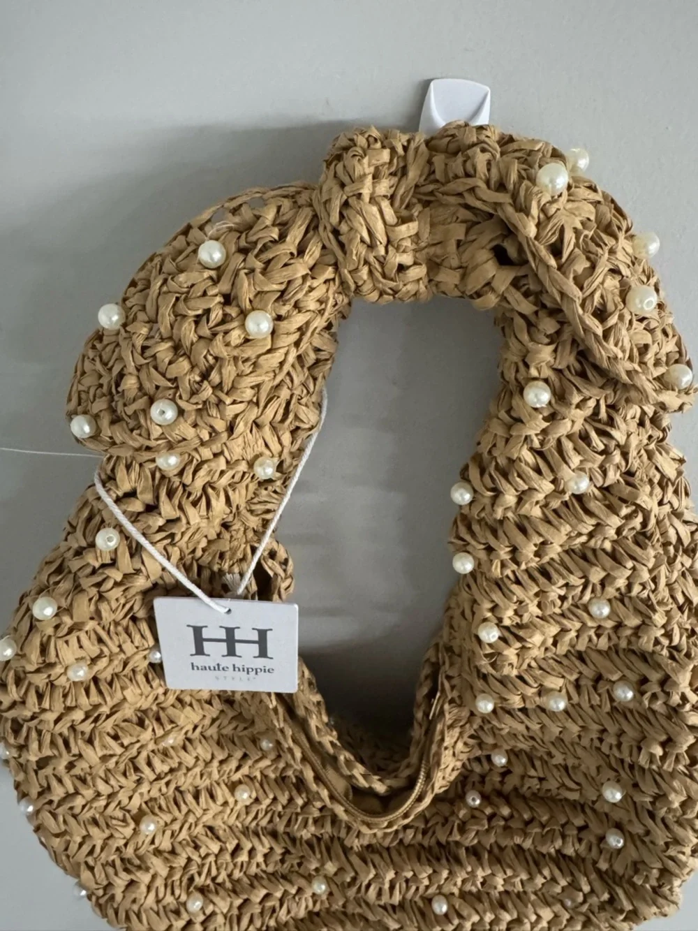 Haute Hippie Tan Woven Pearl-Embellished Hobo Bag